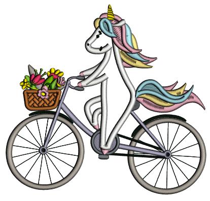 Unicorn on a Bicycle With Flowers Applique Machine Embroidery Design Digitized Pattern