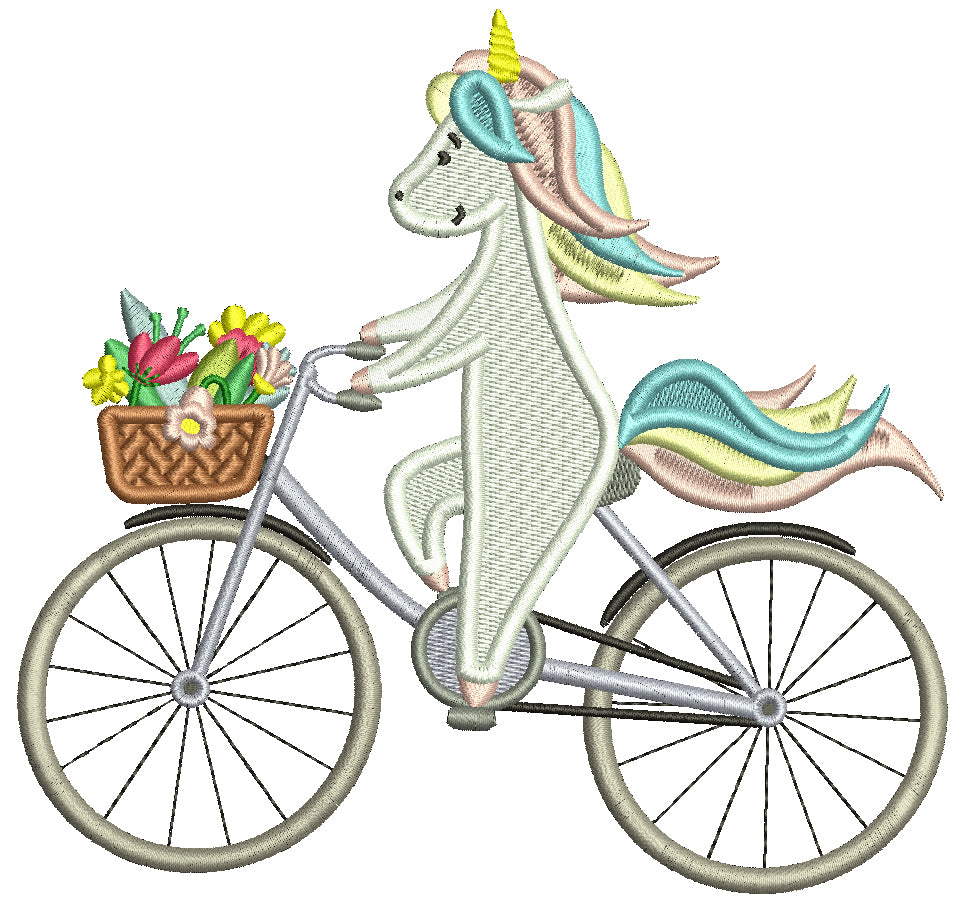 Unicorn on a Bicycle With Flowers Filled Machine Embroidery Design Digitized Pattern