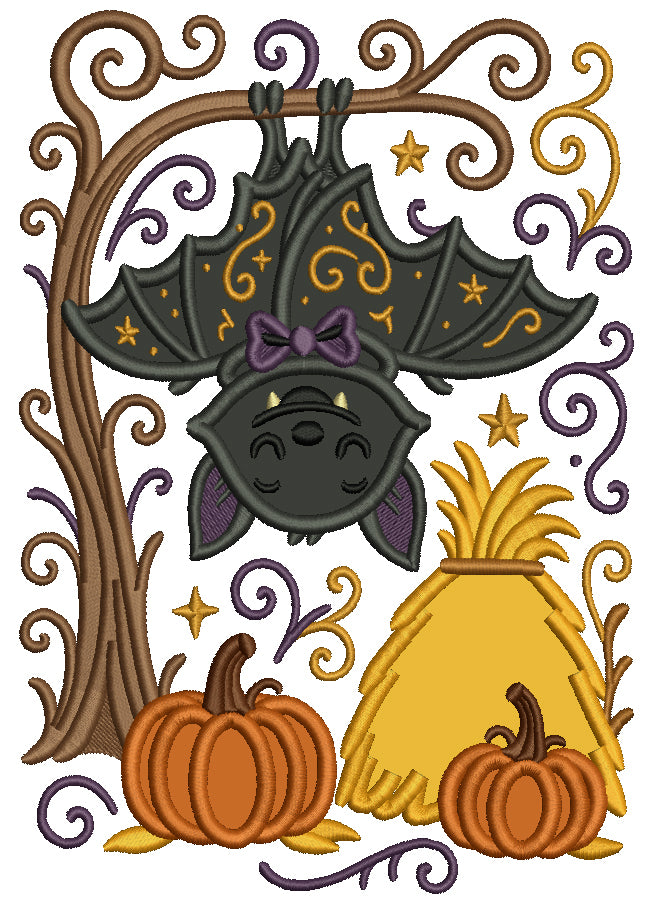 Upside Down Bat Halloween Applique Machine Embroidery Design Digitized Pattern