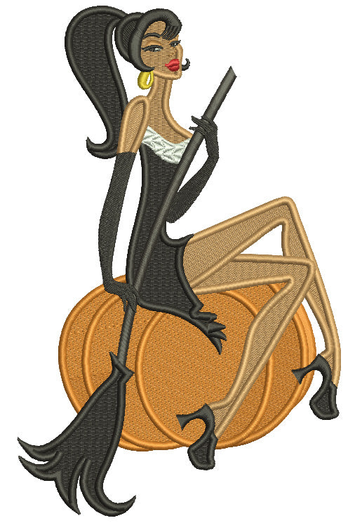 Witch With a Broom Sitting On Big Pumpkin Halloween Filled Machine Embroidery Design Digitized Pattern