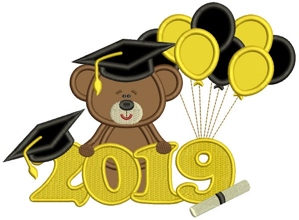 2019 Graduation Bear With Balloons Applique Machine Embroidery Design Digitized Pattern