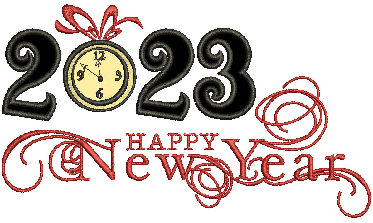 2023 Happy New Year Clock Strikes Twelve Applique Machine Embroidery Design Digitized Pattern