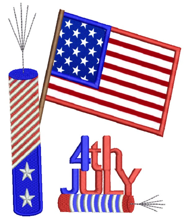 4Th of July Independence Day American Flag and Fireworks Applique Machine Embroidery Design Digitized Pattern