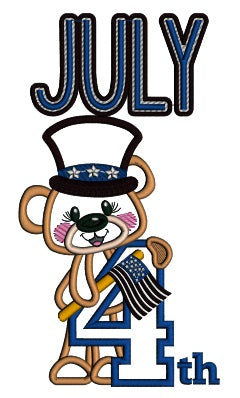 4th Of July Bear Holding a Flag Independence Day Applique Machine Embroidery Design Digitized Pattern