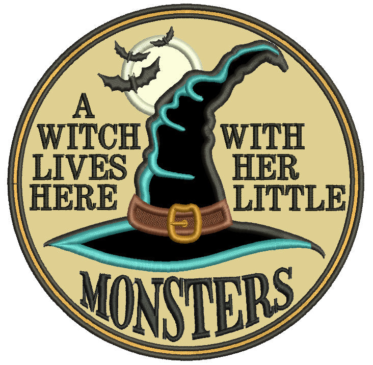 A Witch Lives Here With Her Little Monster Halloween Applique Machine Embroidery Design Digitized Pattern