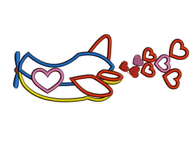 Airplane With Hearts Applique Machine Embroidery Digitized Design Pattern