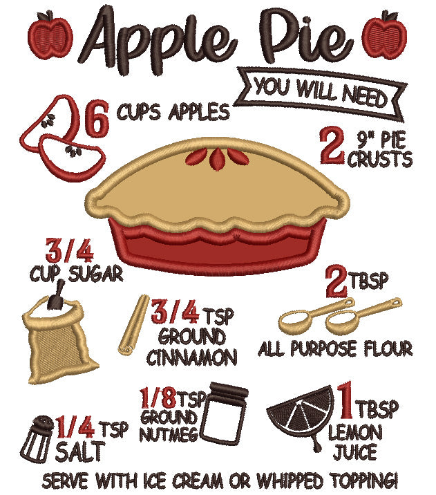 Apple Pie Recipe Fall Applique Machine Embroidery Design Digitized Pattern