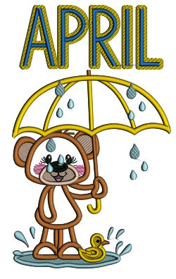 April Little Bear Holding Umbrella Applique Machine Embroidery Design Digitized Pattern