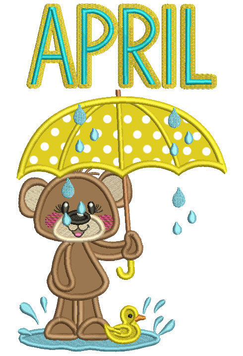 April Little Bear Holding Umbrella Applique Machine Embroidery Design Digitized Pattern