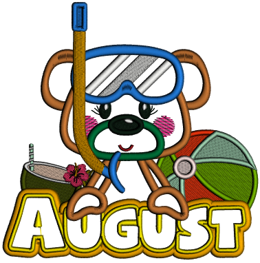 August Bear With Beach Ball Summer Applique Machine Embroidery Design Digitized Pattern