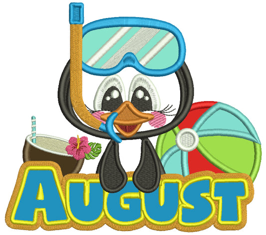 August Penguin With a Beach Ball Applique Machine Embroidery Design Digitized Pattern