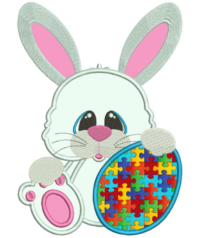 Autism Awareness Easter Bunny With Egg Applique Machine Embroidery Design Digitized Pattern