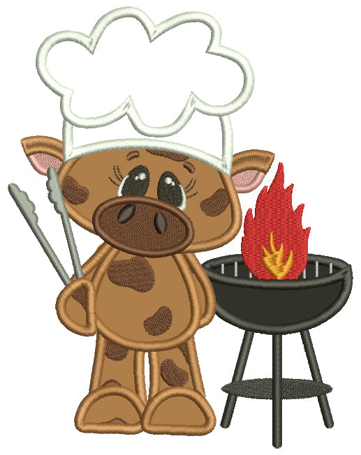 BBQ Cute Cow Chef Applique Machine Embroidery Design Digitized Pattern