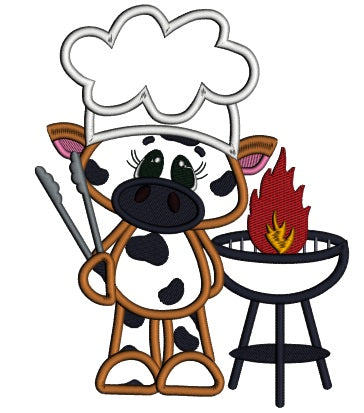 BBQ Cute Cow Chef Applique Machine Embroidery Design Digitized Pattern