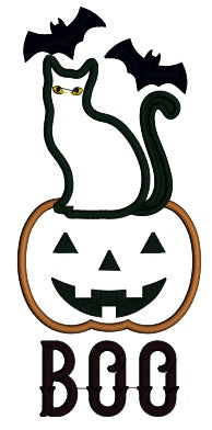 BOO Black Cat Is Sitting on a Pumpkin Halloween Applique Machine Embroidery Design Digitized Pattern