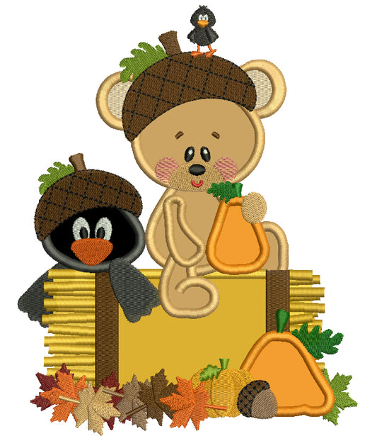 Baby Bear With a Little Crow Fall Applique Machine Embroidery Design Digitized Pattern