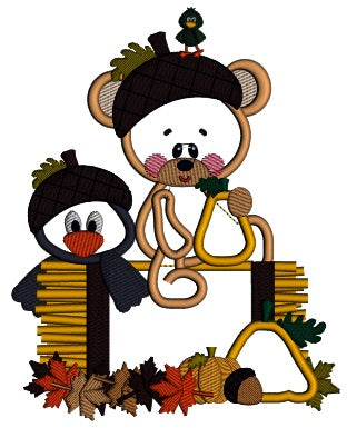 Baby Bear With a Little Crow Fall Applique Machine Embroidery Design Digitized Pattern