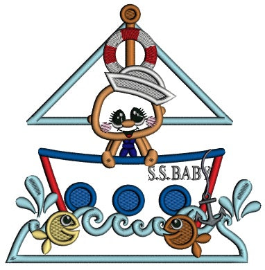 Baby Boy Pig Sailor On a Big Ship Applique Machine Embroidery Design Digitized Pattern