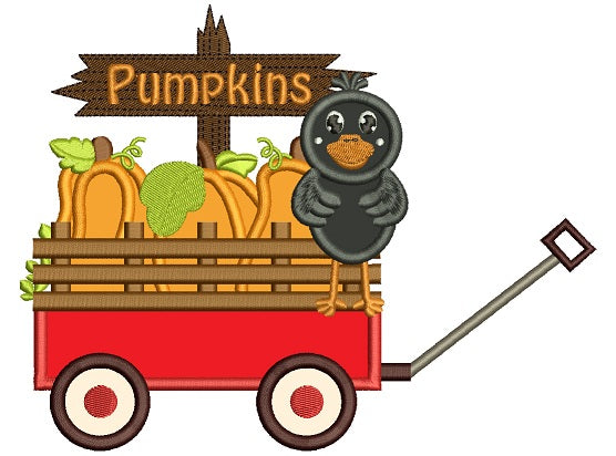 Baby Crow Hay Wagon Pumkin Ride Halloween Applique Machine Embroidery Design Digitized Pattern