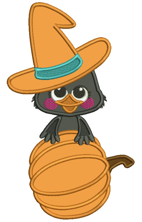 Baby Crow With Big Hat Holding Pumpkin Fall Thanksgiving Applique Machine Embroidery Design Digitized Pattern