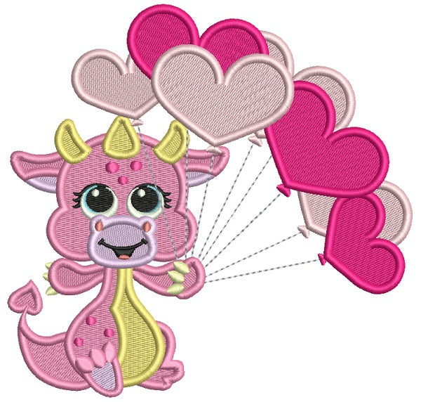 Baby Dino Holding Lots Of Heart Shaped Balloons Filled Machine Embroidery Design Digitized Pattern