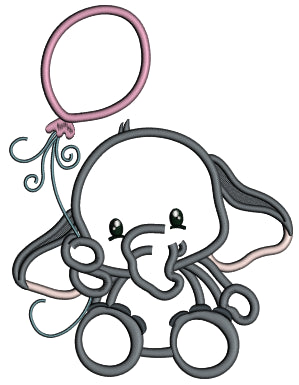 Baby Elephant Holding Baloon Applique Machine Embroidery Design Digitized Pattern