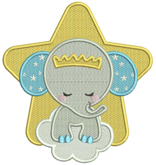 Baby Elephant Sitting On The Cloud And Big Star Filled Machine Embroidery Design Digitized Pattern