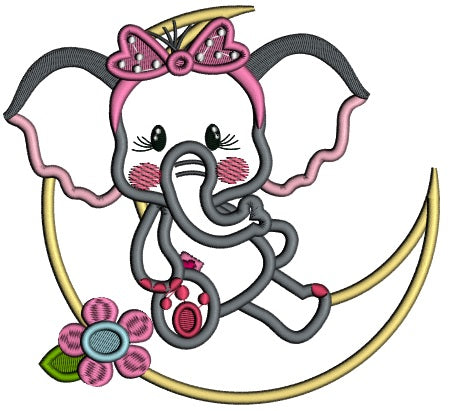 Baby Girl Elephant Sitting On The Moon Applique Machine Embroidery Design Digitized Pattern