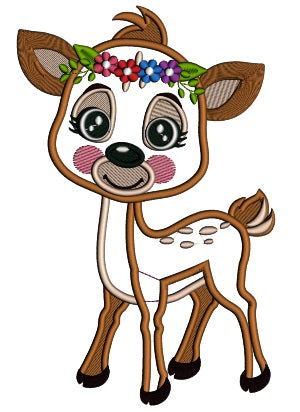 Baby Girl Reindeer Wearing Floral Wreath Applique Machine Embroidery Design Digitized Pattern
