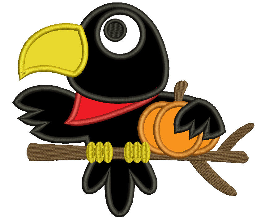 Baby Raven Sitting on a Branch Holding Pumpkin Halloween Applique Machine Embroidery Digitized Design Pattern