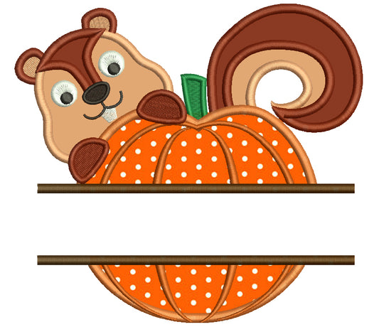 Baby Squirrel Holding a Pumpkin Split Applique Machine Embroidery Digitized Design Pattern