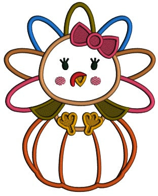 Baby Turkey Sitting On a Big Pumpkin Thanksgiving Applique Machine Embroidery Design Digitized Pattern