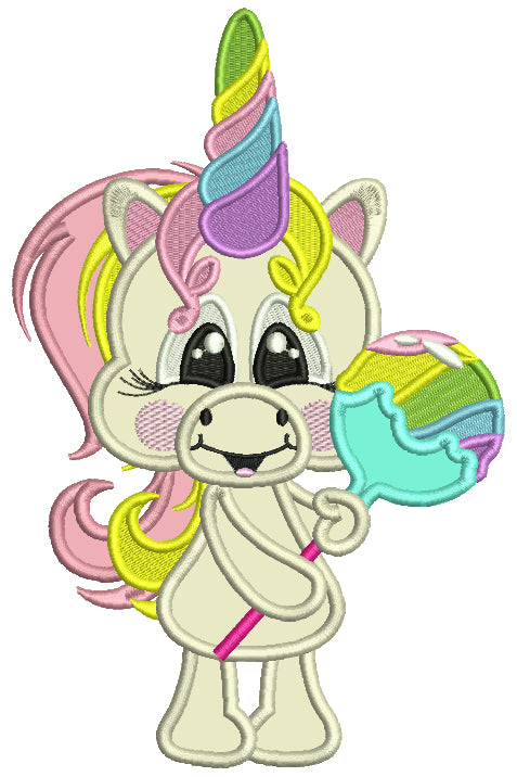 Baby Unicorn Holding Lollipop Applique Machine Embroidery Design Digitized Pattern