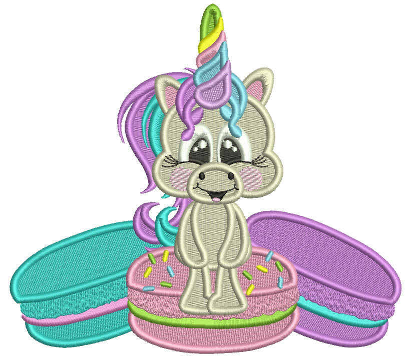 Baby Unicorn Sitting On a Macaron Filled Machine Embroidery Design Digitized Pattern