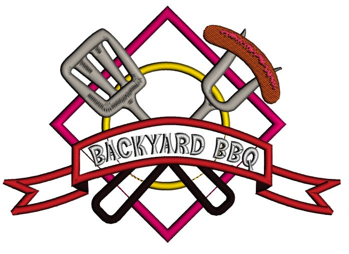 Backyard BBQ Food With Fork and Sausage Applique Machine Embroidery Digitized Design Pattern