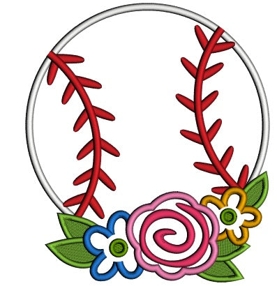 Baseball With Beautiful Flowers Applique Machine Embroidery Design Digitized Pattern