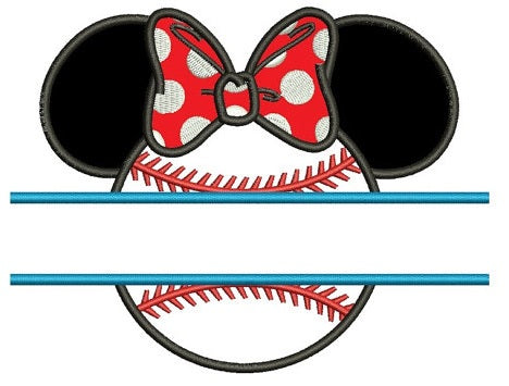 Baseball with bow what looks like Minnie Mouse Ears Applique Split Machine Embroidery Digitized Pattern- Instant Download - 4x4 ,5x7,6x10