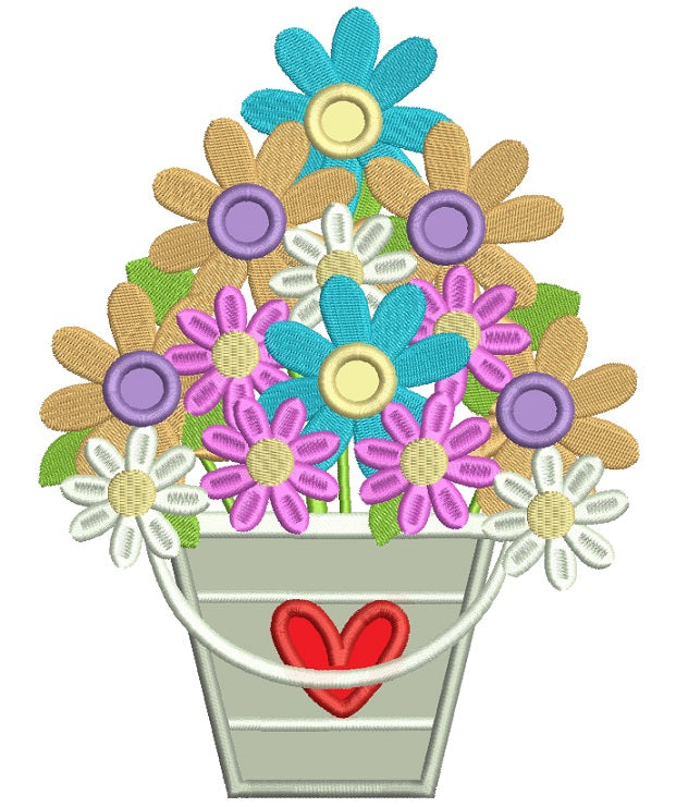 Basket With Flowers And Heart Applique Machine Embroidery Digitized Design Pattern