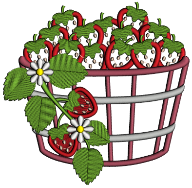 Basket With Strawberries And Daisies Applique Machine Embroidery Design Digitized Pattern