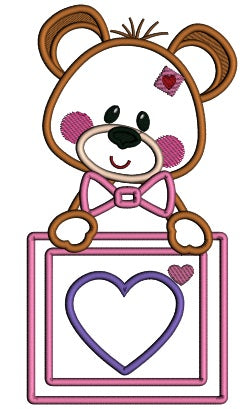 Bear Behind a Box With The Heart Applique Valentine's Day Machine Embroidery Design Digitized Pattern