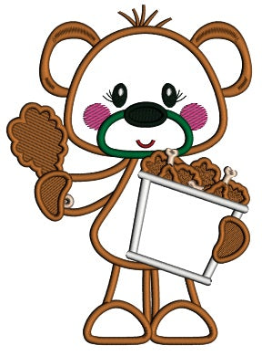 Bear Eating Chicken Drunstick Applique Machine Embroidery Design Digitized Pattern