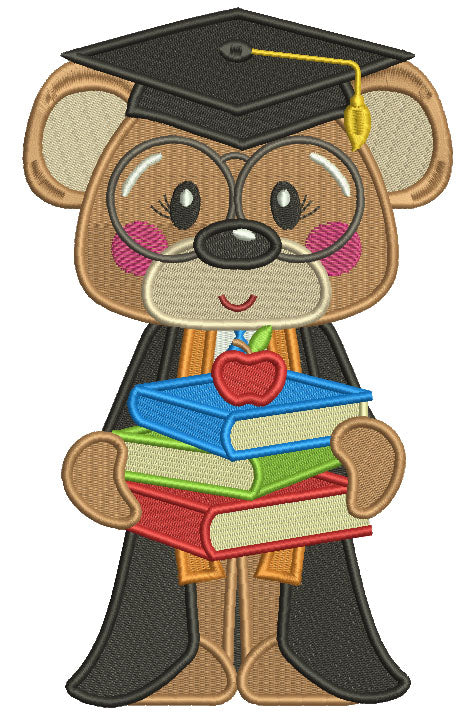 Bear Graduate Holding Books School Filled Machine Embroidery Design Digitized Pattern