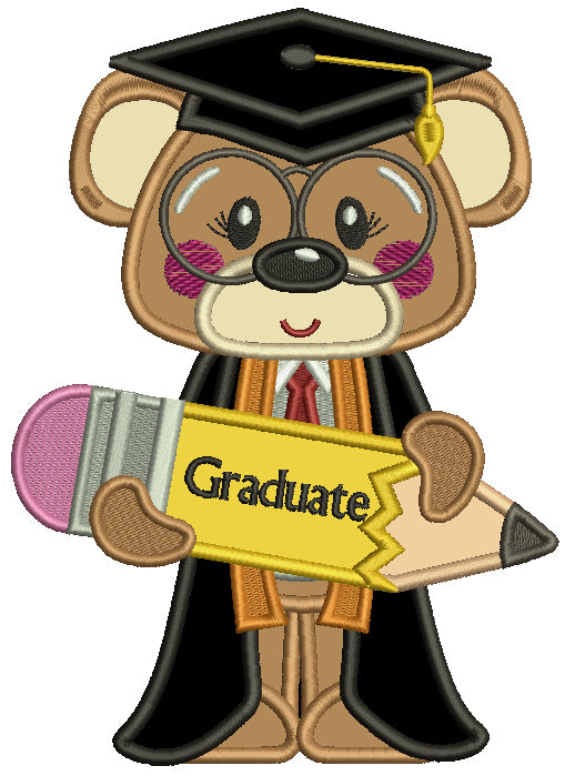 Bear Graduate Holding a Pencil School Applique Machine Embroidery Design Digitized Pattern