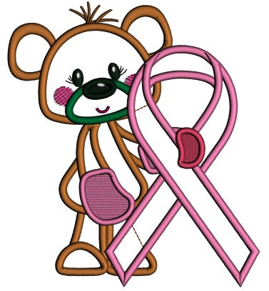 Bear Holding Breast Cancer Awareness Ribbon Applique Machine Embroidery Design Digitized Pattern