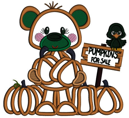 Bear Holding Two Pumpkins And For Sale Sign Thanksgiving Applique Machine Embroidery Design Digitized Pattern