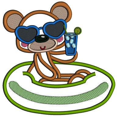 Bear In The Swimming Pool Floaty Summer Applique Machine Embroidery Design Digitized Pattern