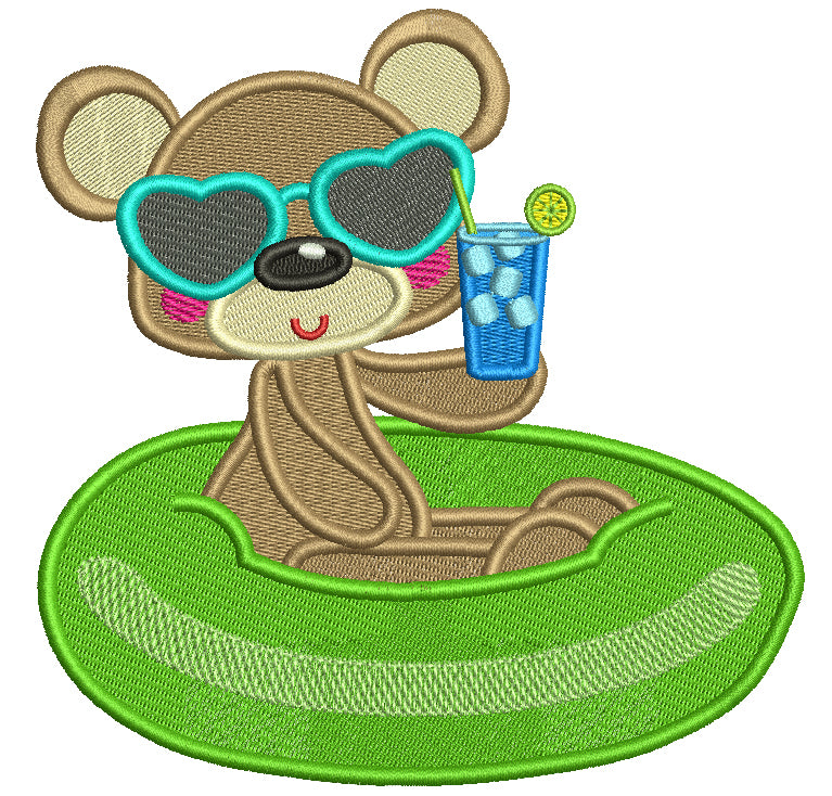Bear In The Swimming Pool Floaty Summer Filled Machine Embroidery Design Digitized Pattern
