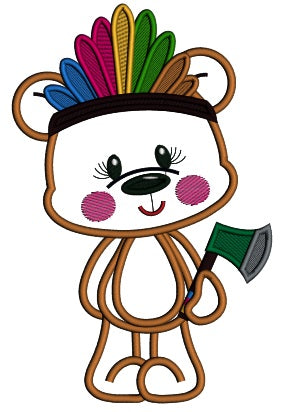 Bear Indian With a Tomahawk Thanksgiving Applique Machine Embroidery Design Digitized Pattern