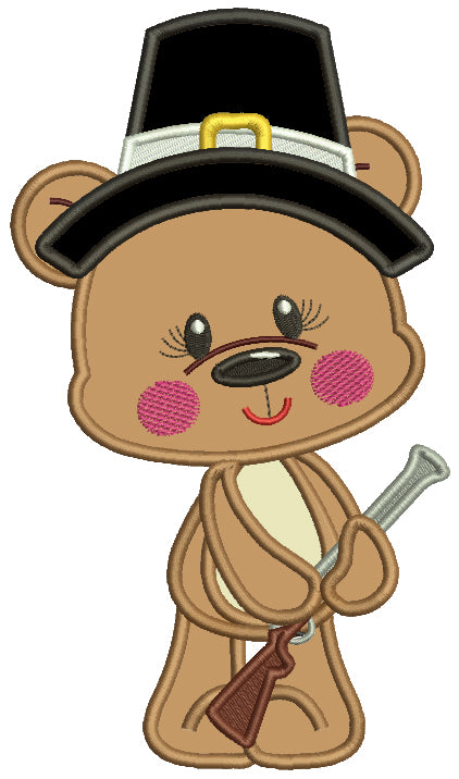 Bear Pilgrim Hunter Thanksgiving Applique Machine Embroidery Design Digitized Pattern