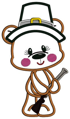 Bear Pilgrim Hunter Thanksgiving Applique Machine Embroidery Design Digitized Pattern